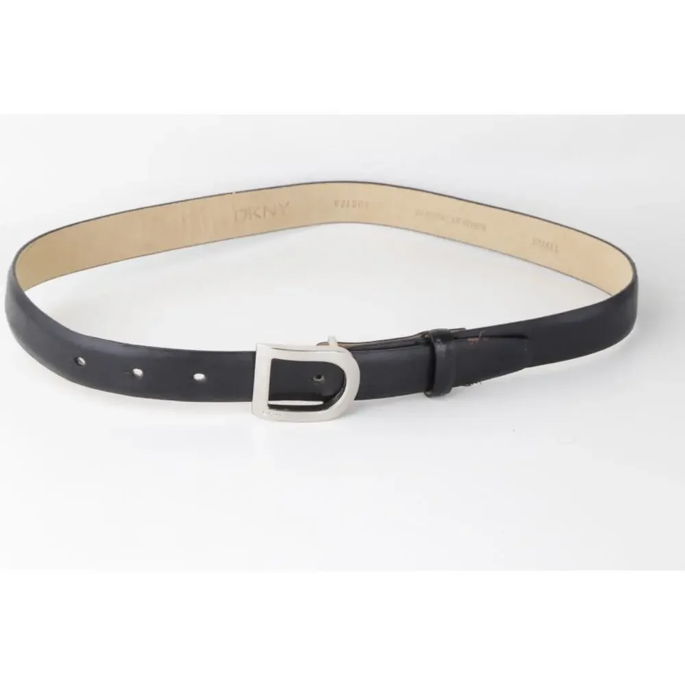 Vintage DKNY Black Genuine Leather Belt Brushed Silver D-Ring Horseshoe Buckle S